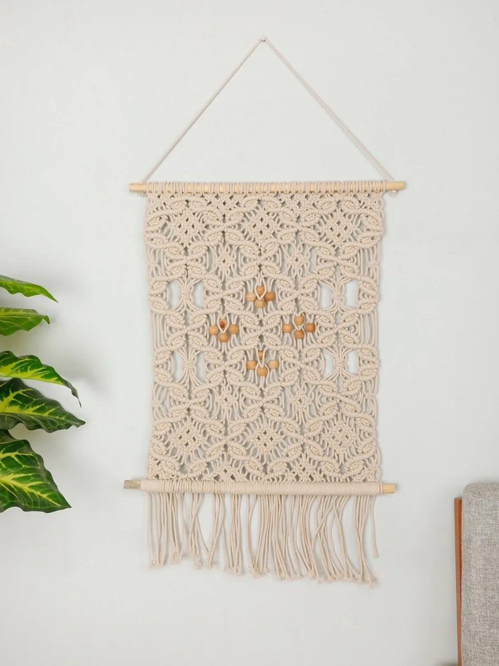 Macrame Wall hanging interconnected, knots, beads, 20x30, off-white