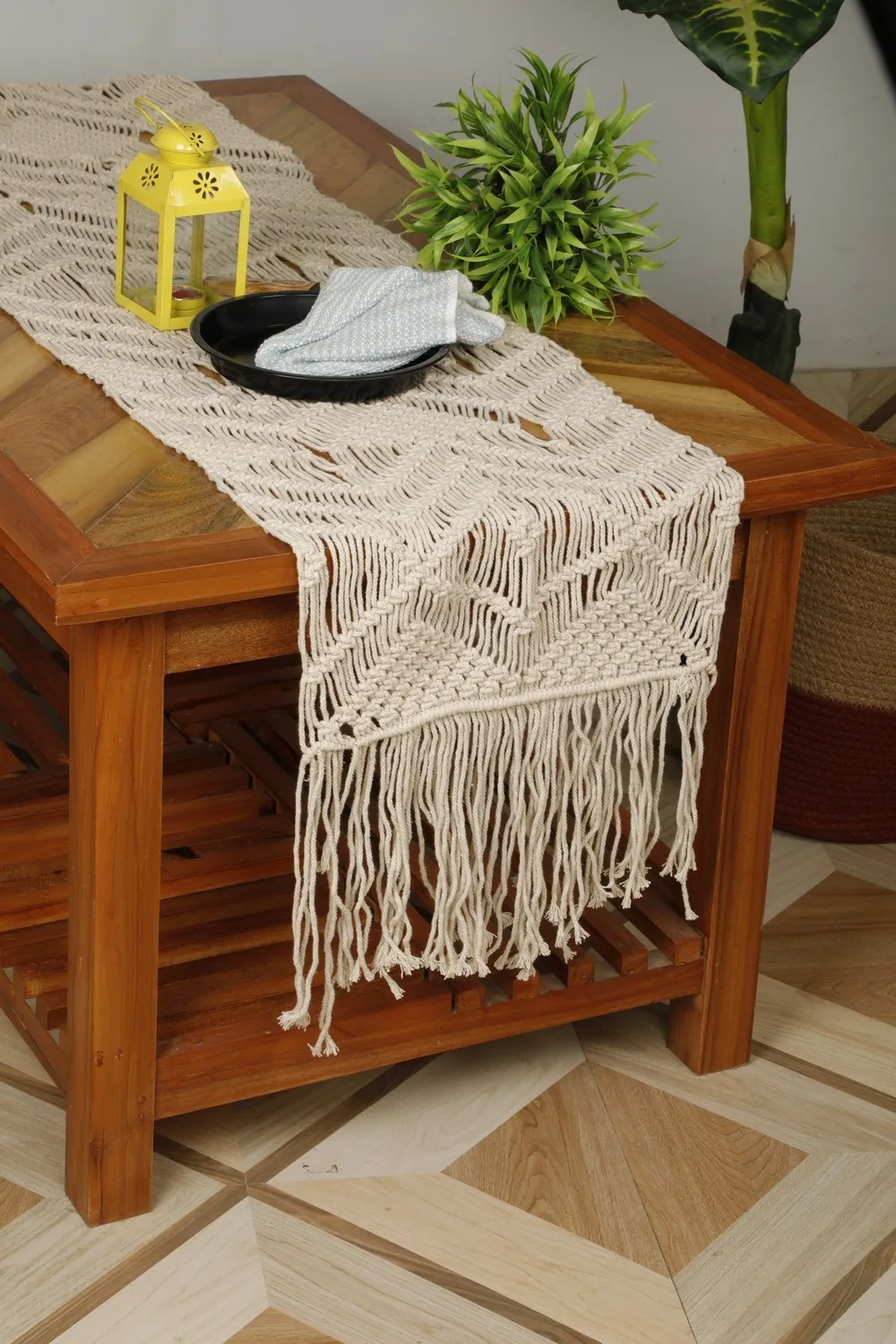 Macrame Table Runner Triangle, Small Knot Triangle, 80x14, Off-White