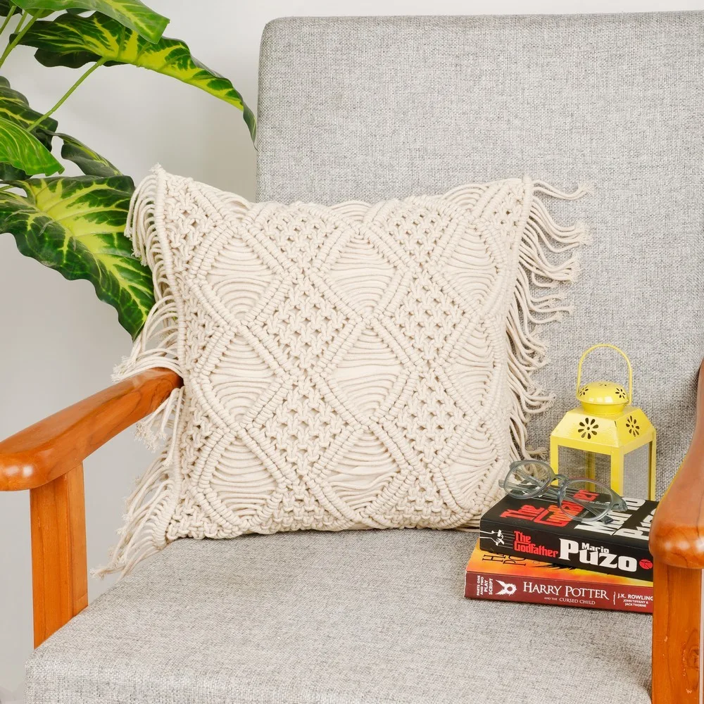 Macrame Cushion Cover Diamond Holes, Lines, 16x16, Off-White