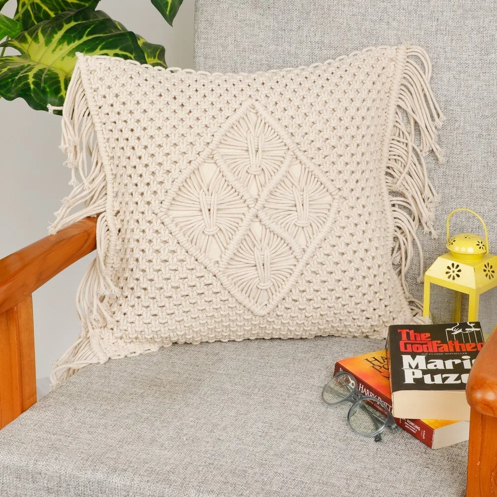 Macrame Cushion Cover Centre Diamond Knots, Side Criss Cross Knots, 16x16, Off-White