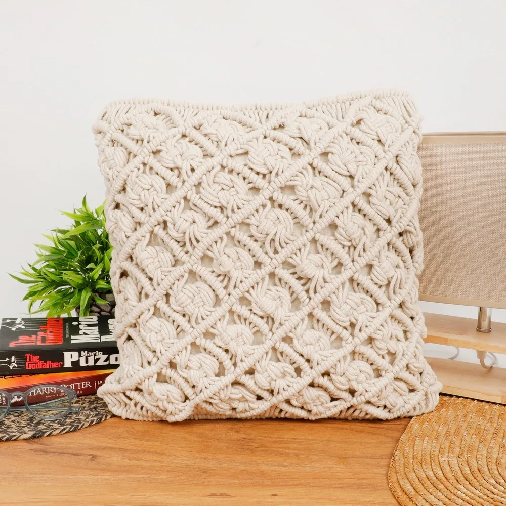 Macrame Cushion Cover Small Diamonds Diagonal, Knots, 16x16, Off-White