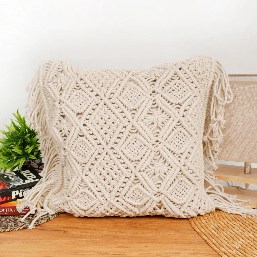 Macrame Cushion Cover Diamonds Criss Cross, Knots, Chain, 16x16, Off-White