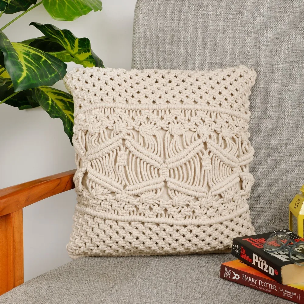 Macrame Cushion Cover Side Criss Cross, inner small knots, angle, 16x16, Off-White