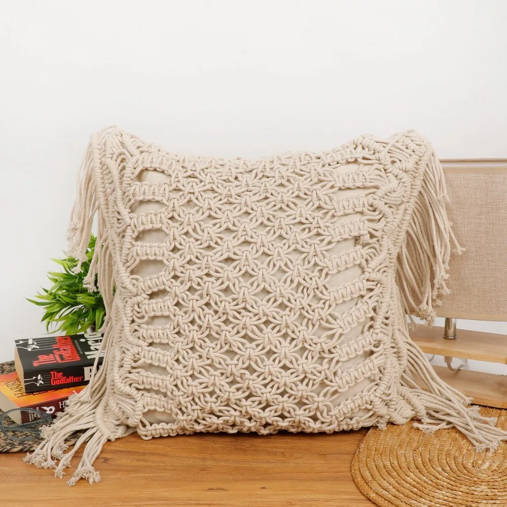 Macrame Cushion Cover Side Diamonds, Inner Chain, Center Floral Knots, 16x16, Off-White