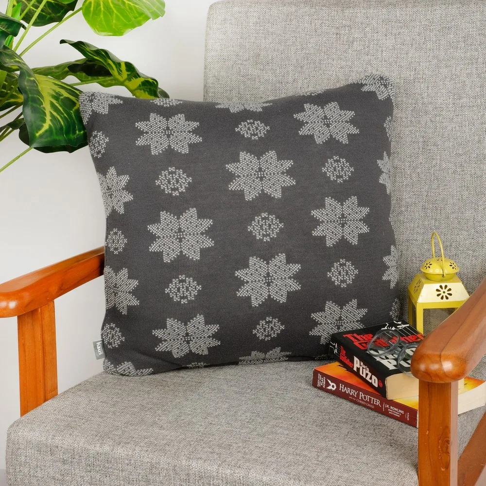 Cotton knitted cushion cover abstract, 16x16, grey, floral