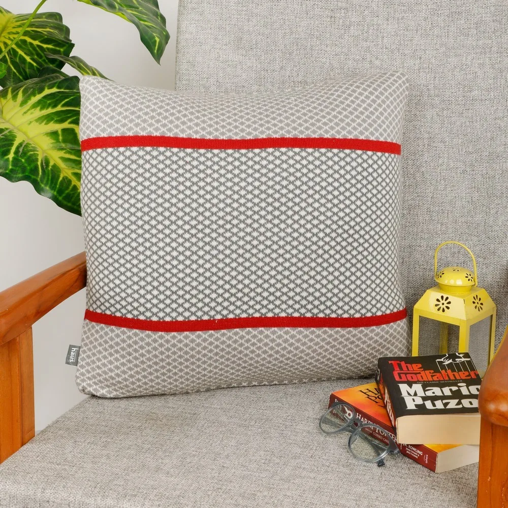 Cotton knitted cushion cover abstract, 16x16, squares, stripe, black, grey, red