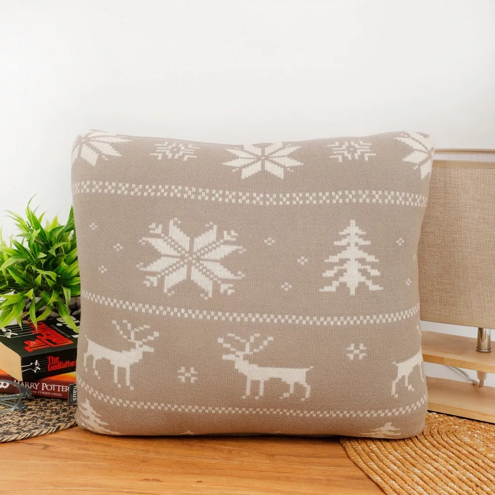 Cotton knitted cushion cover abstract, 16x16, grey, christmas