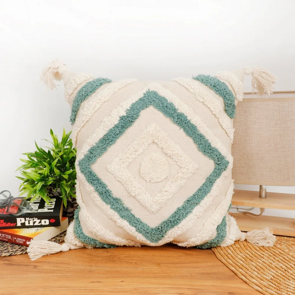 Tufted Cushion Cover concentric squares, dual color, tassles, blue, 16x16