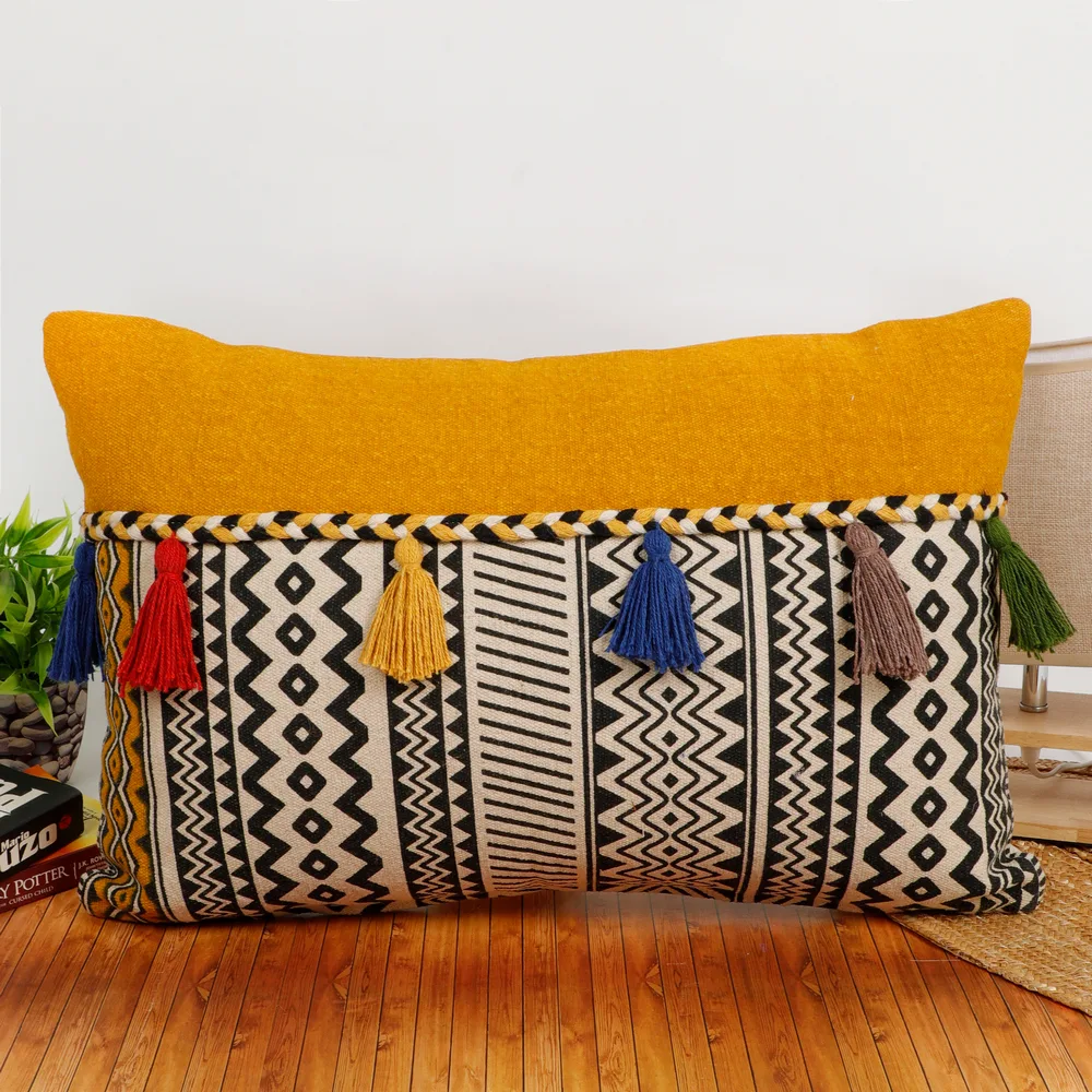 Printed Cushion Cover colorful tassles, mustard, 24x16