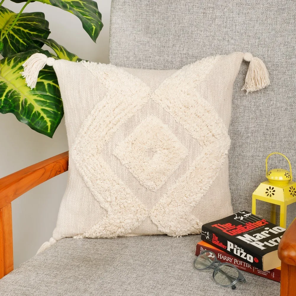 Tufted Cushion Cover dual zigzag, diamonds, tassles, 16x16