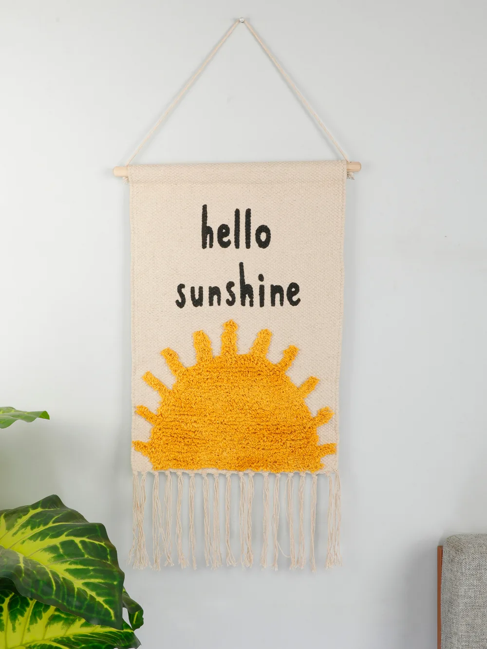Cotton Tufted printed wall hanging for kids, hello sunshine sun, yellow