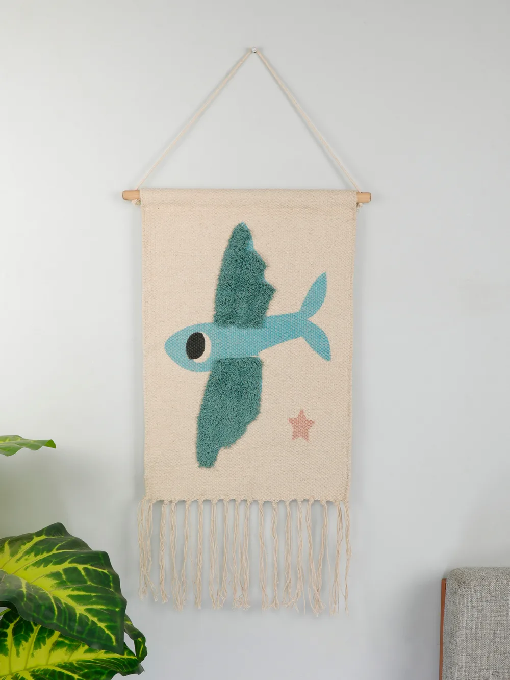 Cotton Tufted printed wall hanging for kids, fish, blue