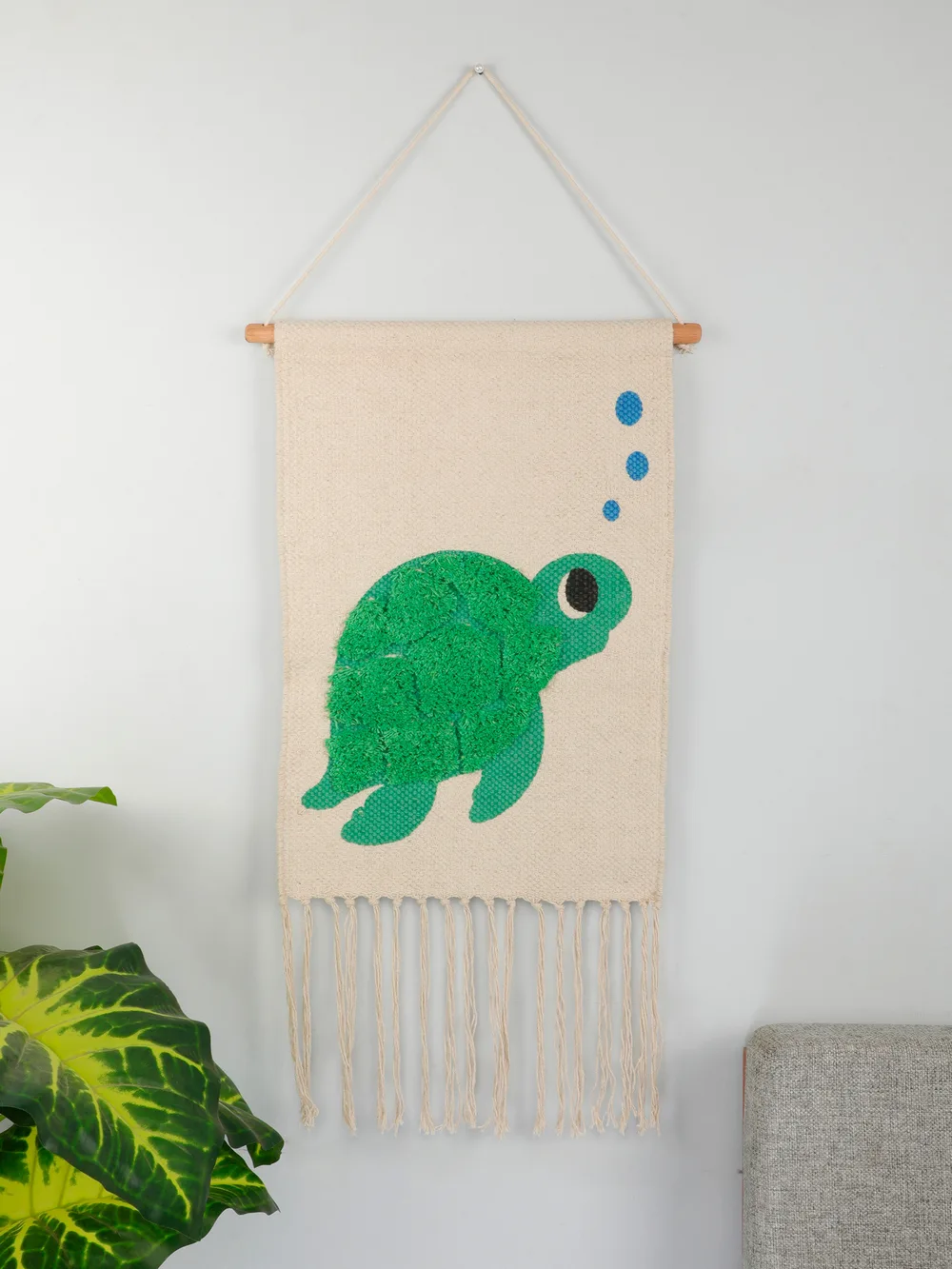 Cotton Tufted printed wall hanging for kids, tortoise, green