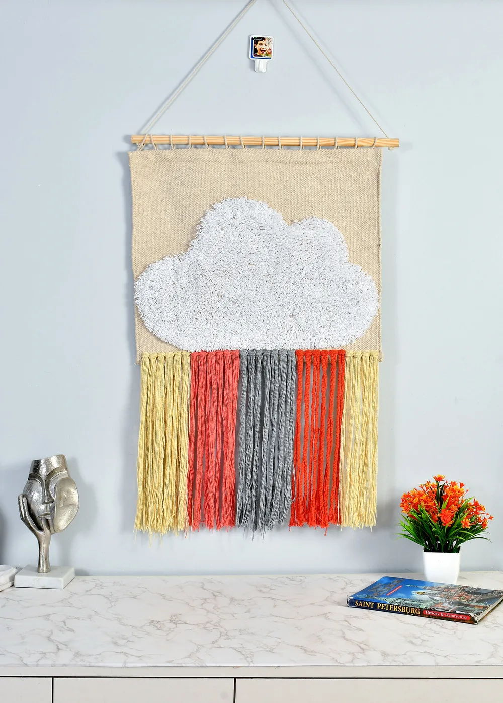 Wall hanging dhurrie cloud tassles, 22x34, White, Yellow, Red
