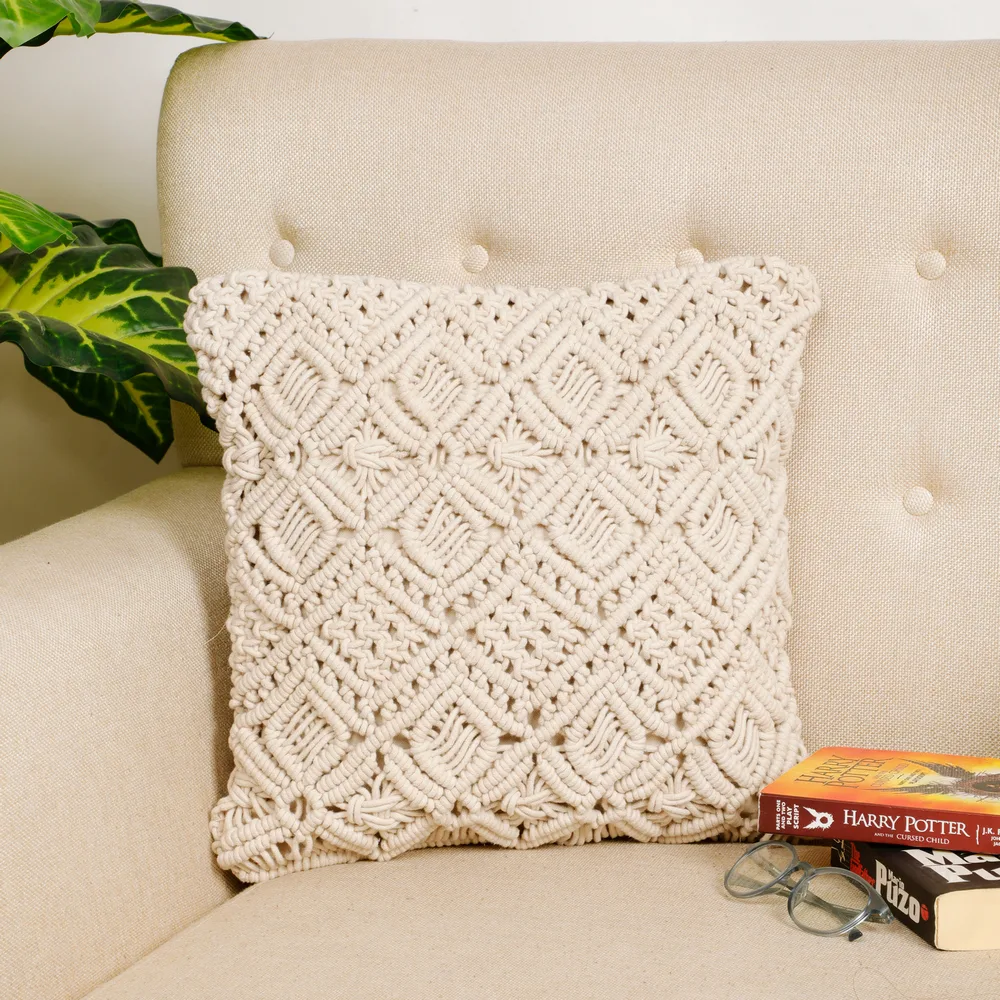 Macrame Cushion Cover center diamond side floral, 16x16