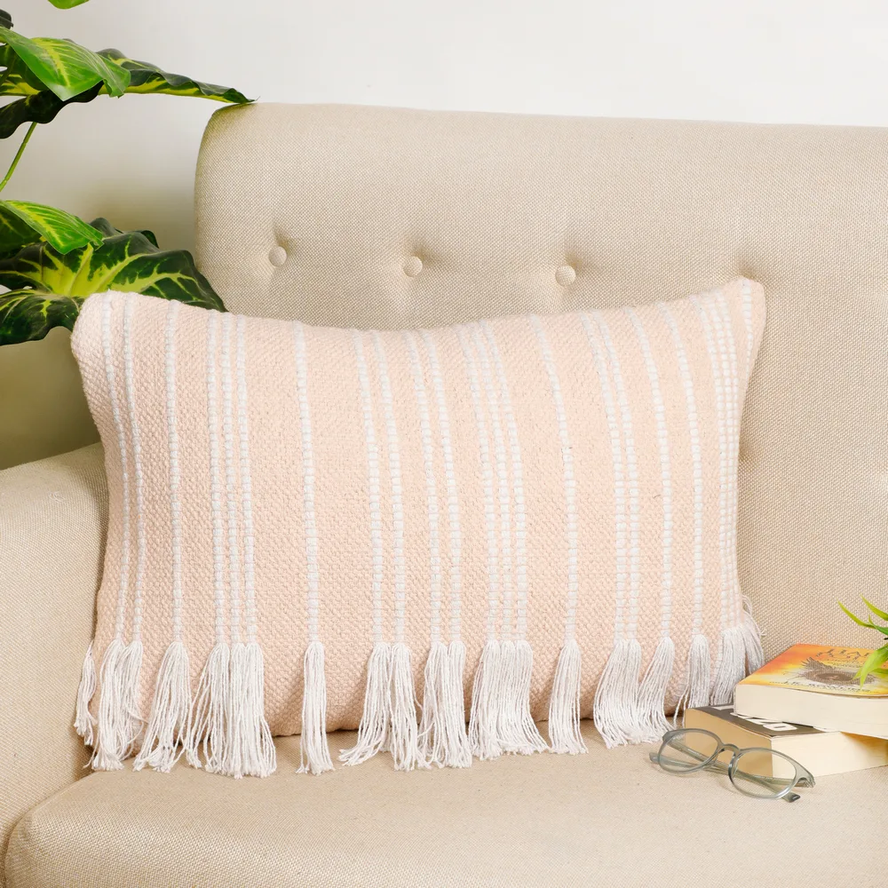 Cotton cushion cover vertical lines, fringes, 16x24, lite pink