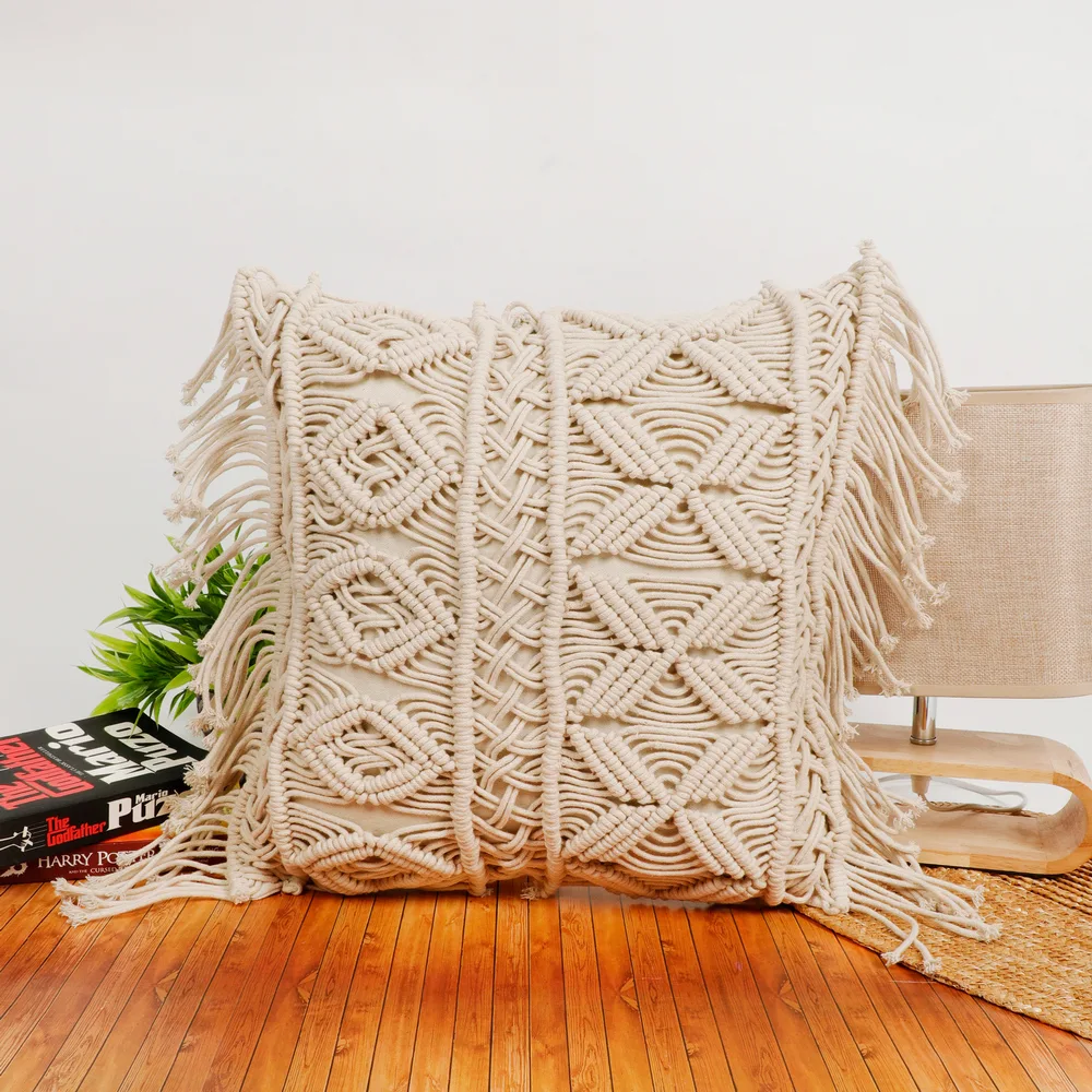 Buy pepme Macrame Cushion Cover Diamond Holes, Lines, 16x16, Off