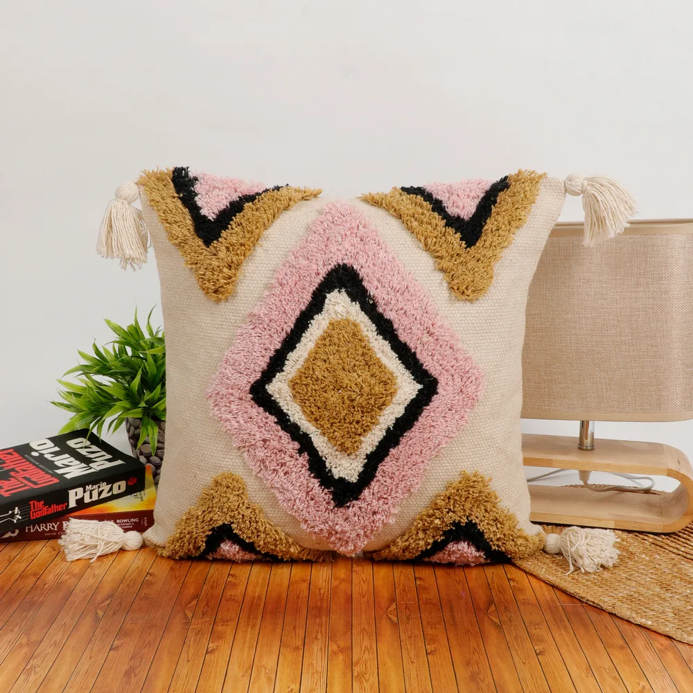 Tufted Cushion Cover big diamond, side triangles, tassles, 16x16, pink, black