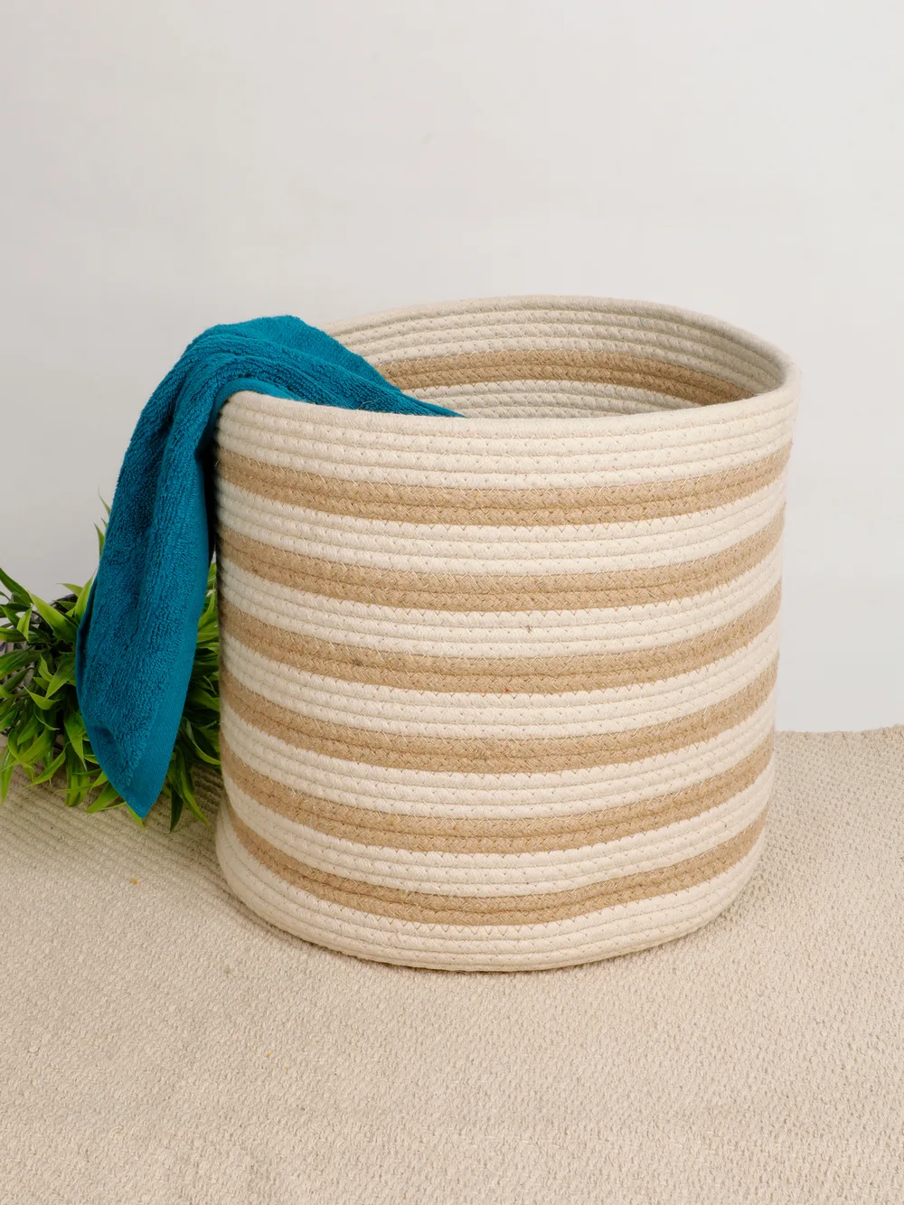Cotton Dual color basket, multiple lines, 12x12, beige, cream