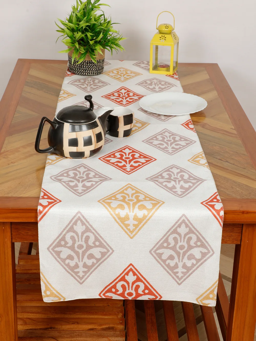 Cotton polyester printed table runner, abstract diamond, floral, 54x14, yellow, red, white