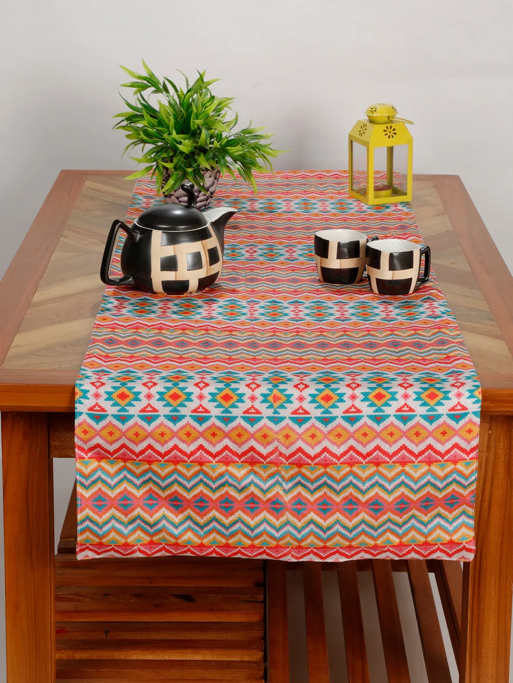 Cotton polyester printed table runner, 60x13, pink, blue, orange