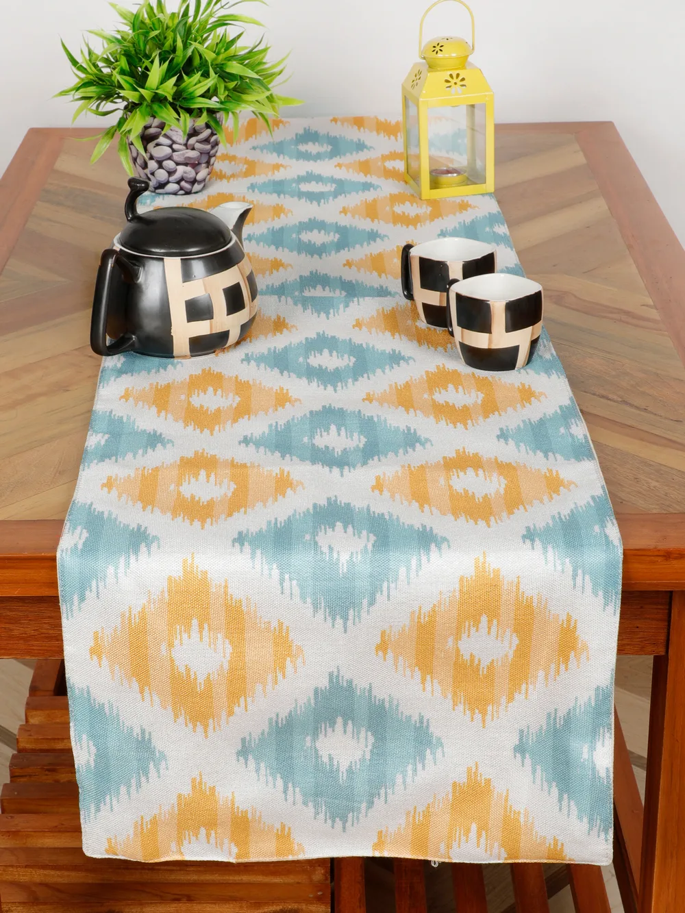 Cotton polyester printed table runner, squares, 54x14,  blue, brown