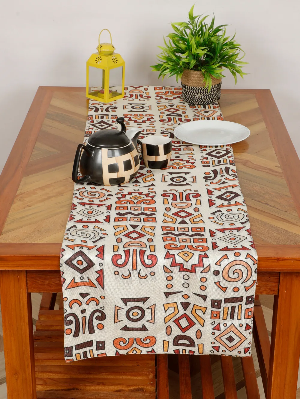 Cotton polyester printed table runner, abstract symbols, 54x14, cream, brown