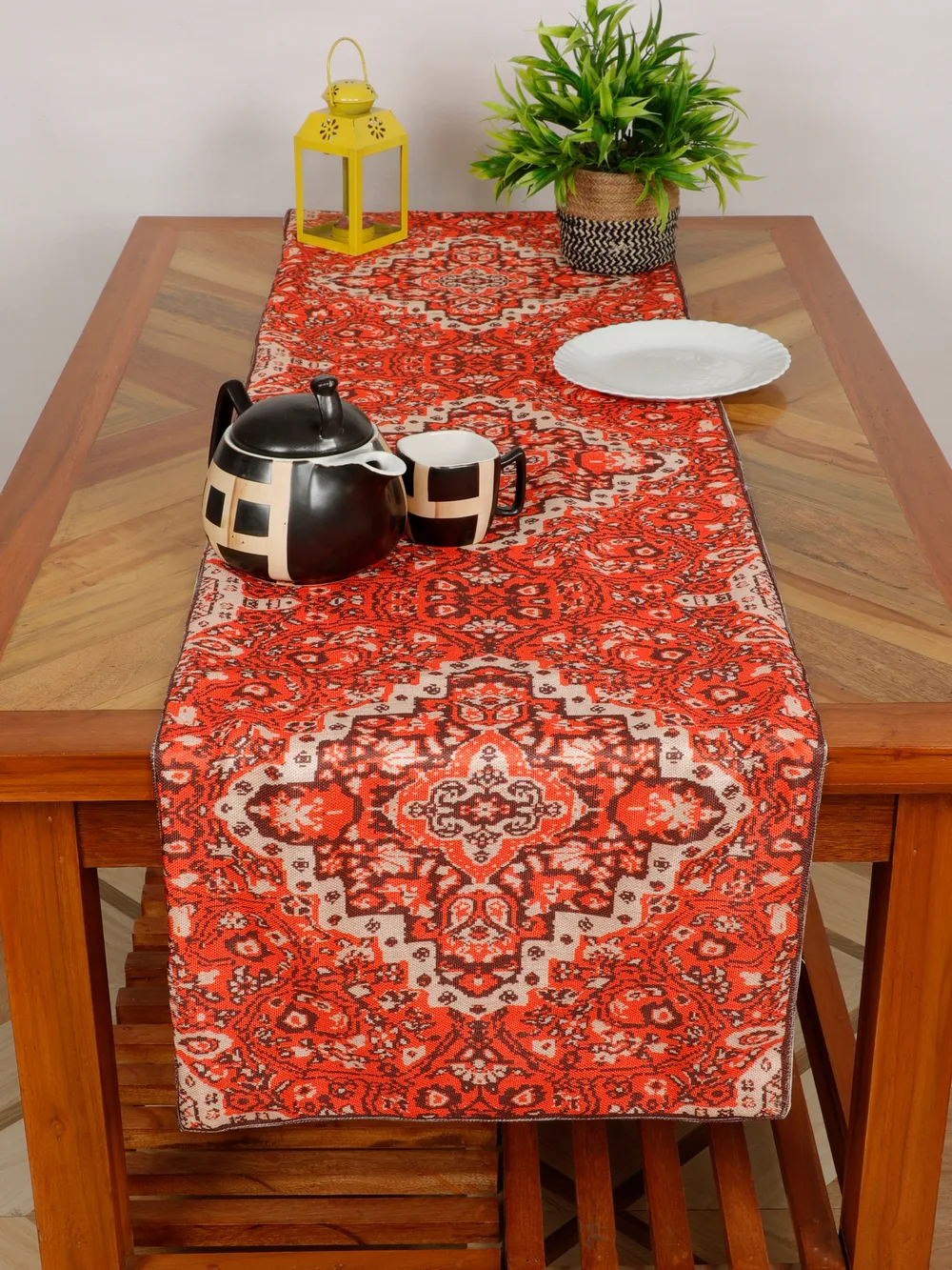 Cotton polyester printed table runner, abstract, diamond, 54x14, orange, cream, brown