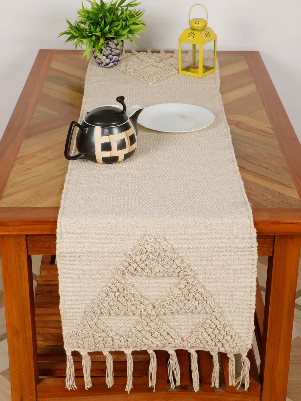 Knitted Tufted Table Runner triangles, tassles, off-white, 14x64