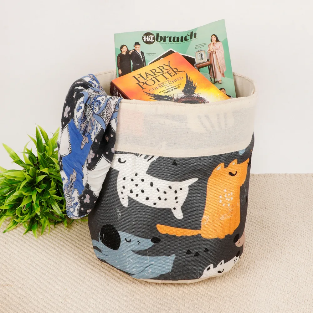 Kids Storage Basket, Colour print, polyester, sheeting, animals, black, orange, 11x12