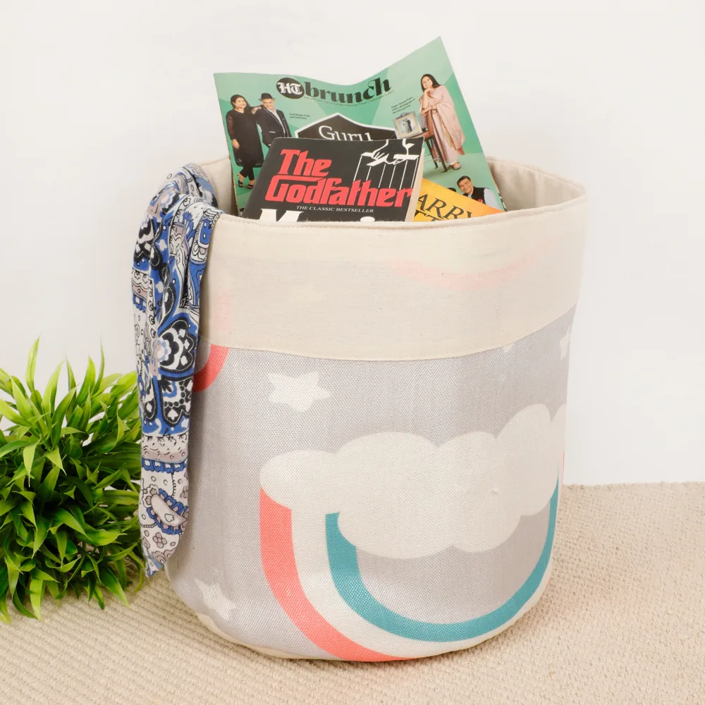 Kids Storage Basket, Colour print, polyester, rainbow, stars, grey, pink, 11x12