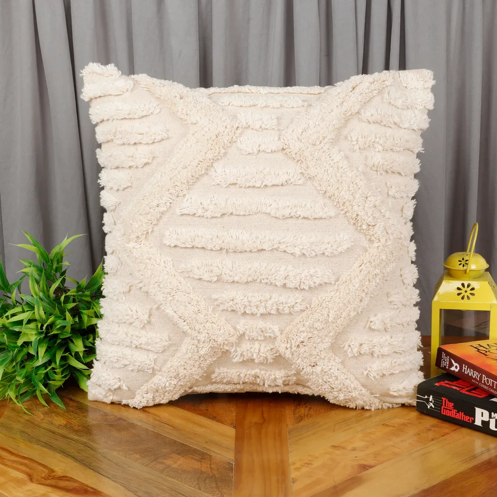 Tufted Cushion Cover dual zigzag, small bars, 16x16, off-white