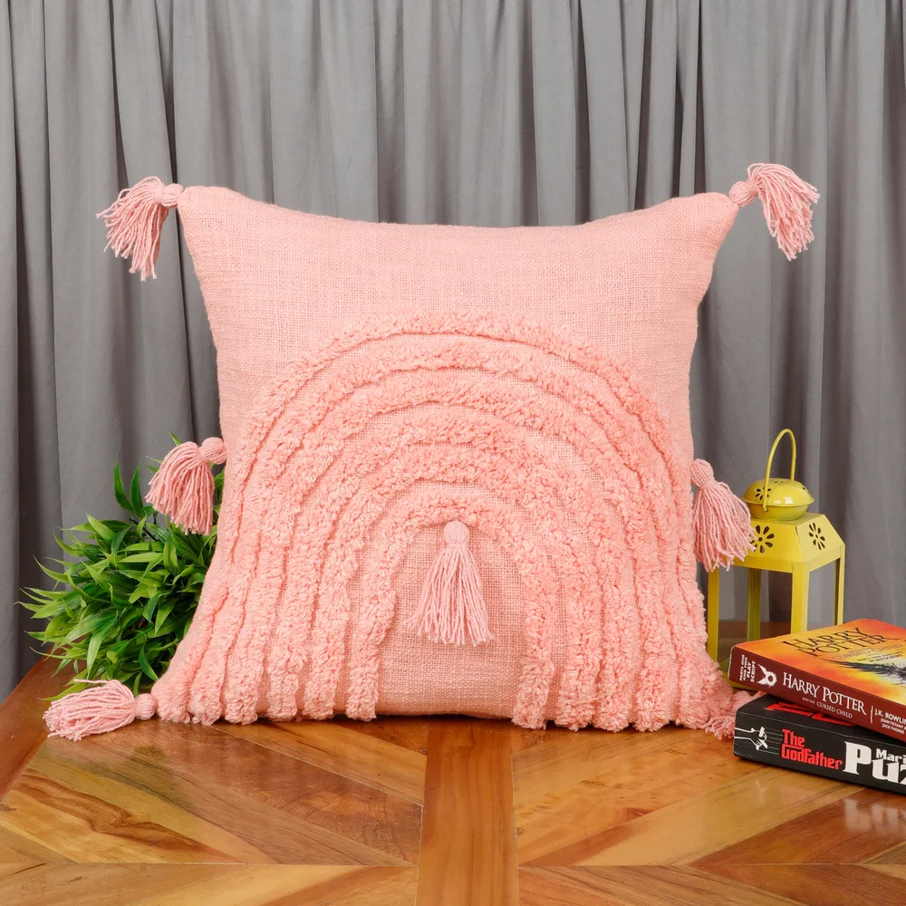 Tufted Cushion Cover Rainbow shape, tassles, pink, 16x16
