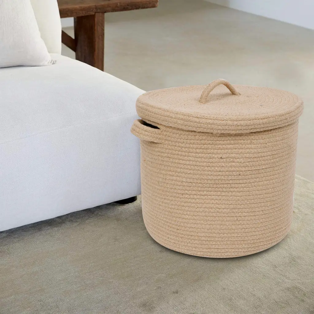 Cotton lid basket round, beige, 15x15x12 | Q