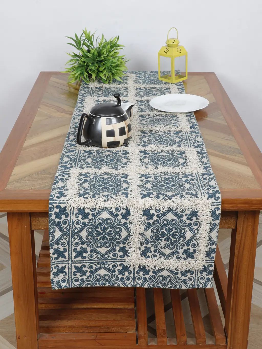 Printed Tufted Canvas Table Runner, squares, floral, 14x54, Navy blue, white