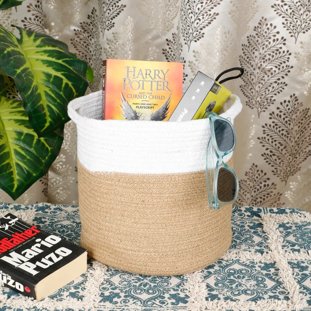 Jute Cotton Handle Basket Dual Color, 10x10, white, beige | Q