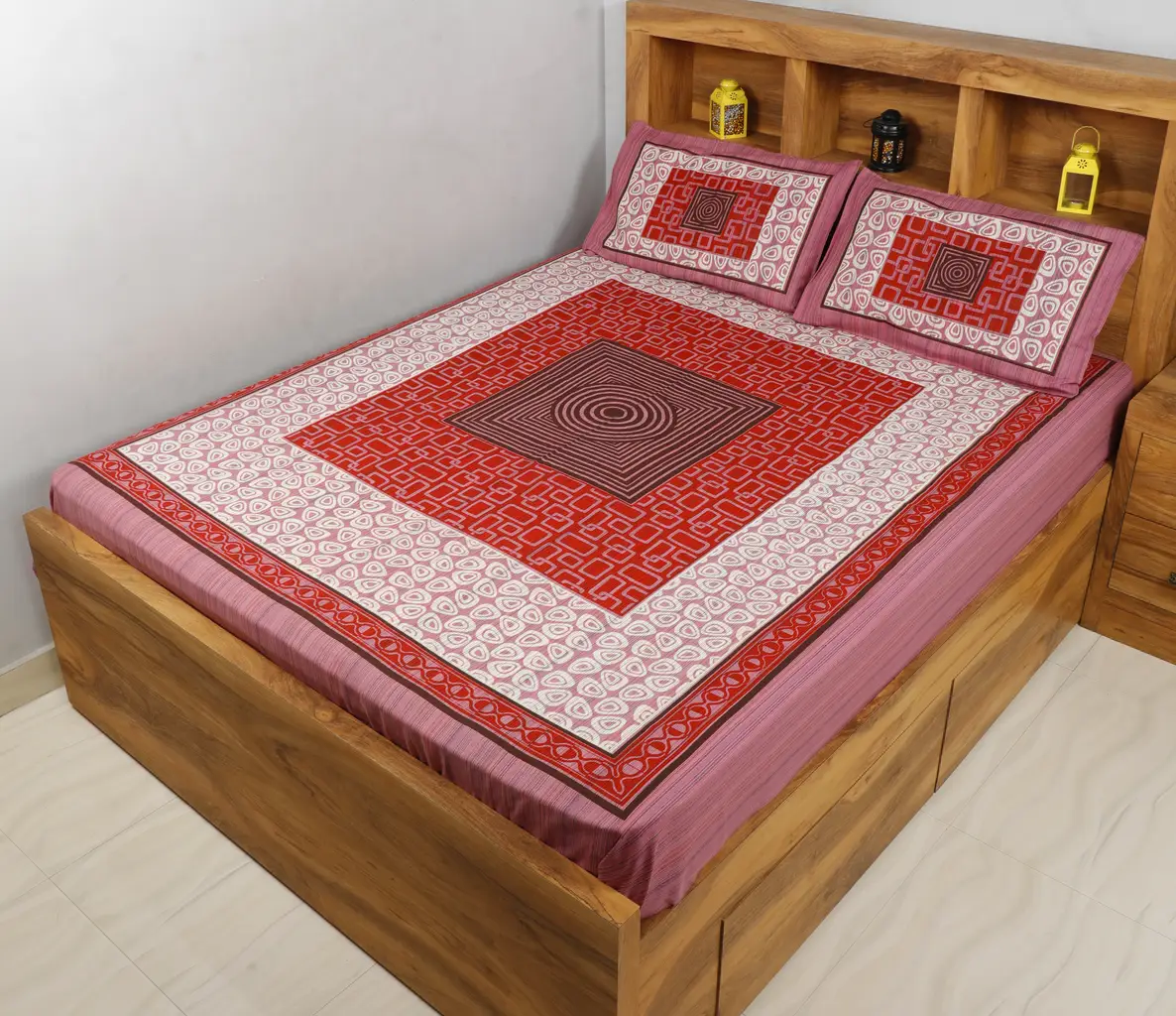 Cotton khaadi printed bedsheet, 90x100, rectangle, circle, lines, red, maroon