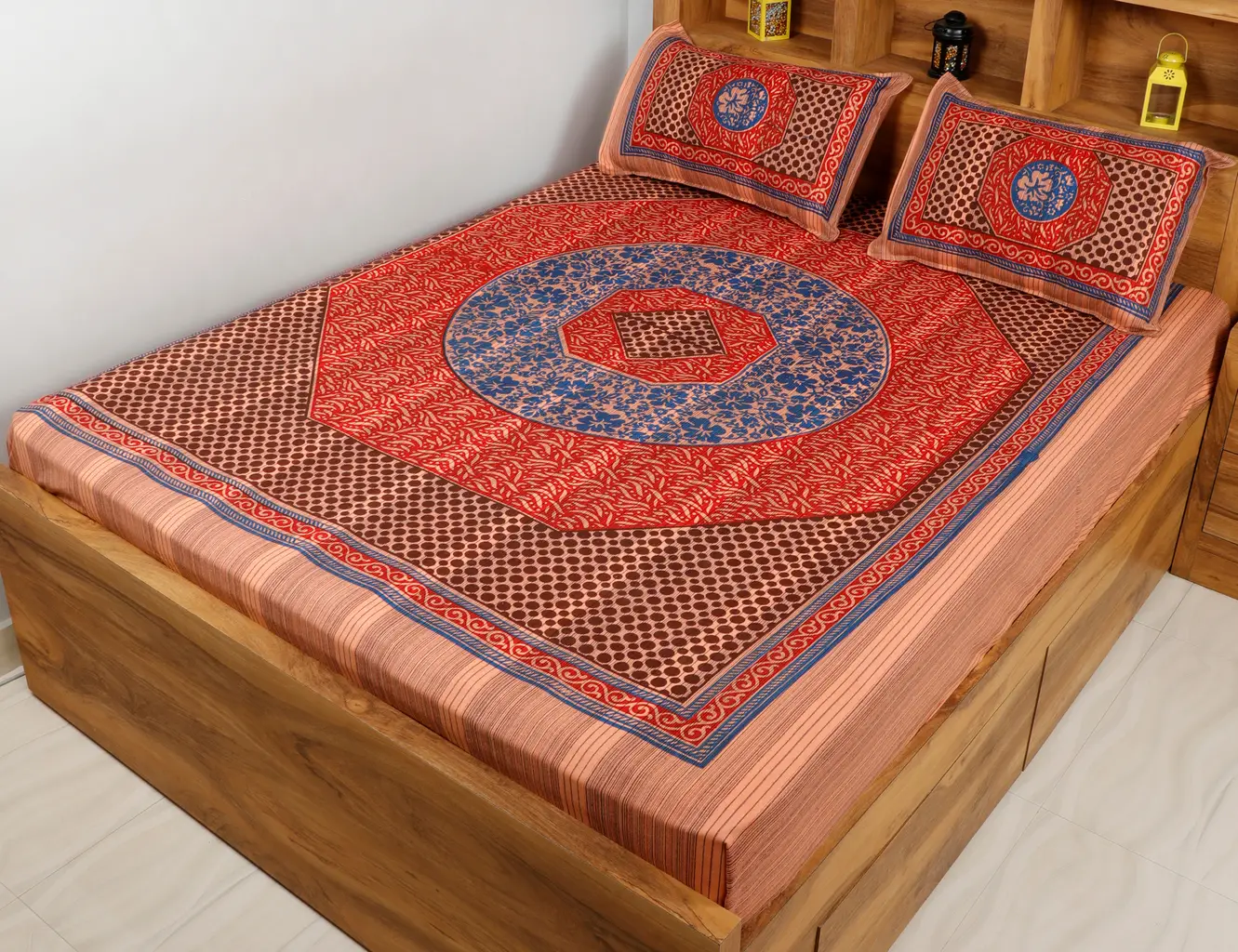 Cotton khaadi printed bedsheet, 90x100, leaf, circles, red, brown