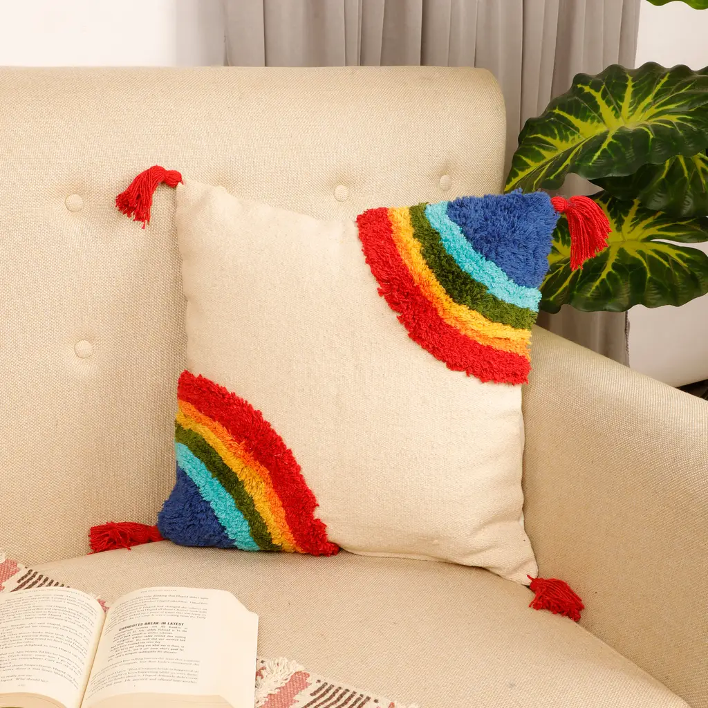 Tufted Cushion Cover Corner Curve Rainbow, Tassles, 16x16
