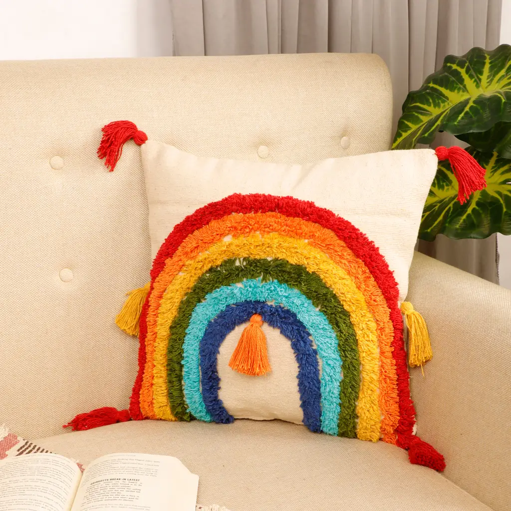 Tufted Cushion Cover, Rainbow U, Tassles, 16x16