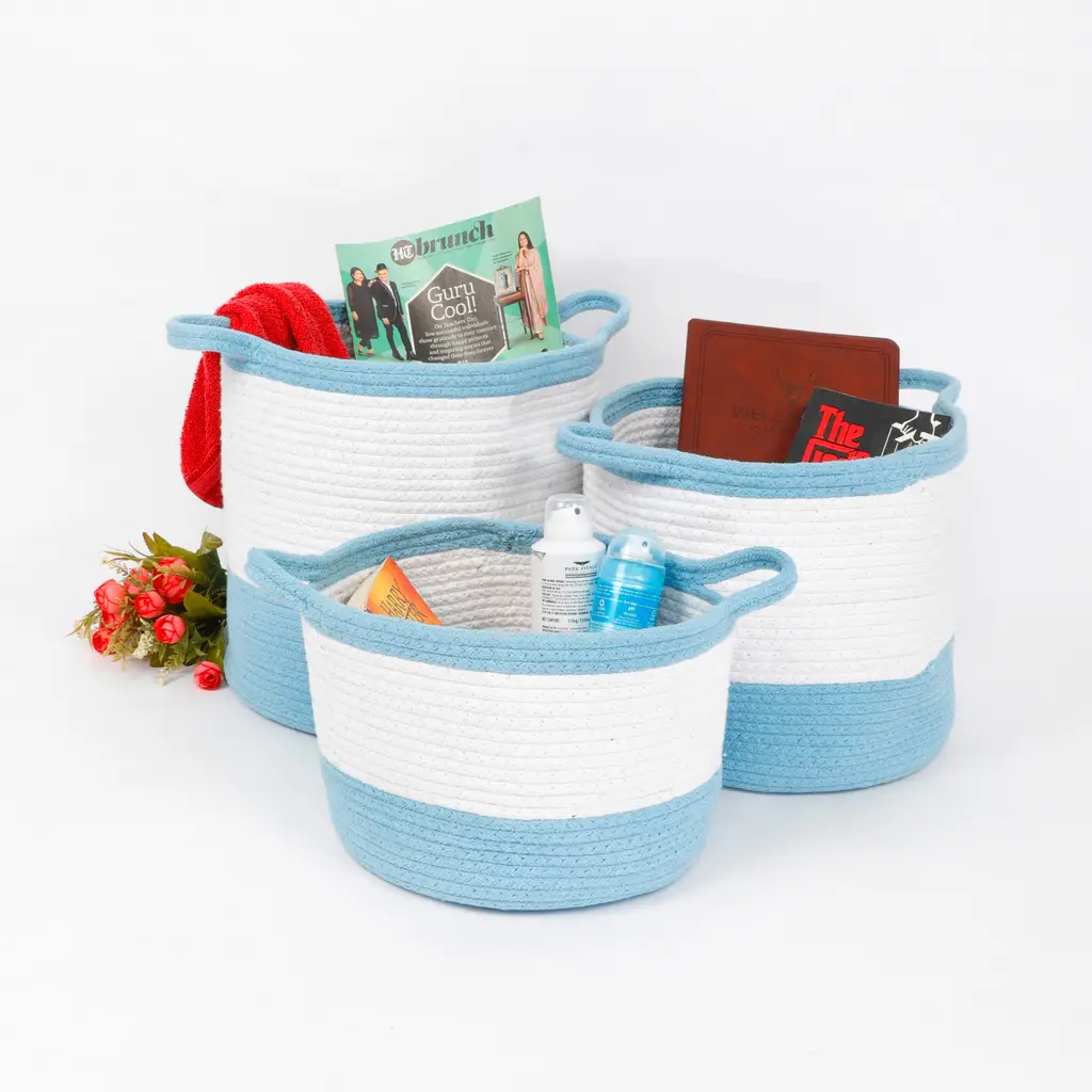 Cotton Dual Color small handle basket, white, sky blue, set of 3