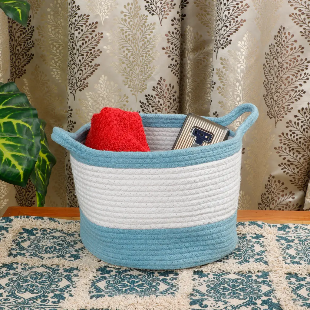 Cotton Dual Color small handle basket, 10x7.5, white, sky blue