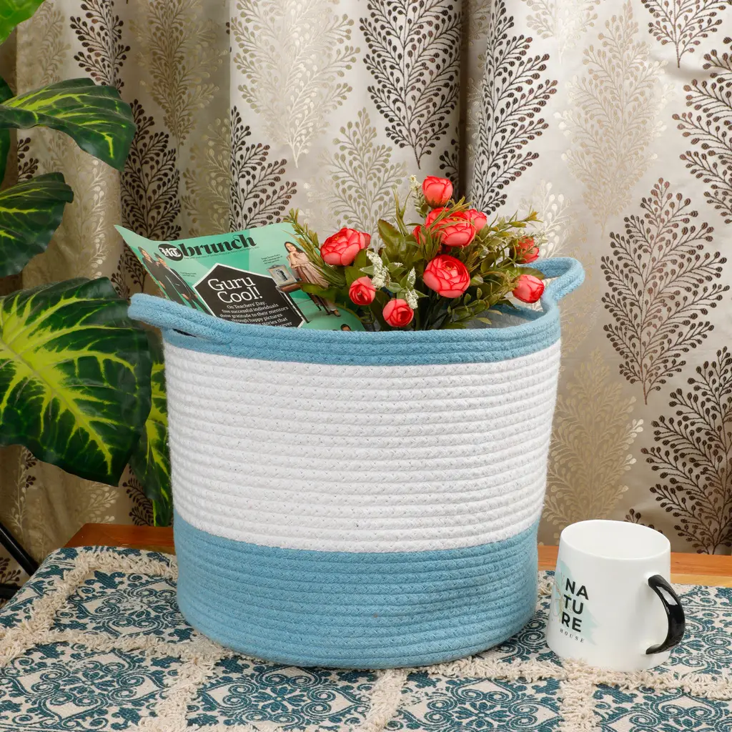 Cotton Dual Color small handle basket, 12x10, white, sky blue