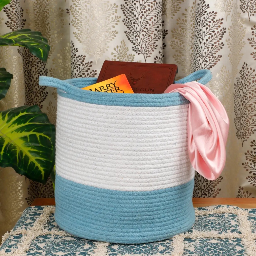 Cotton Dual Color small handle basket, 12x12, white, sky blue