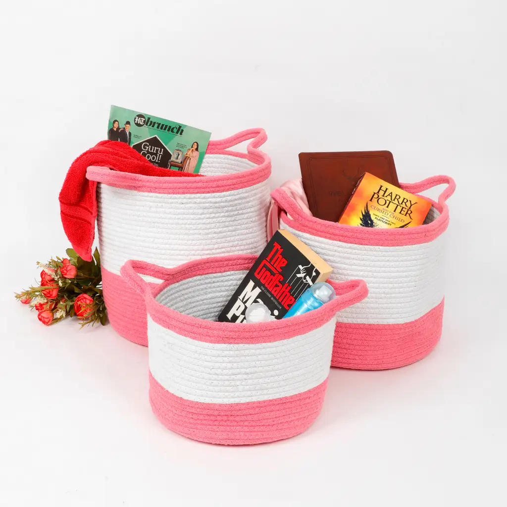 Cotton Dual Color small handle basket, white, pink, set of 3