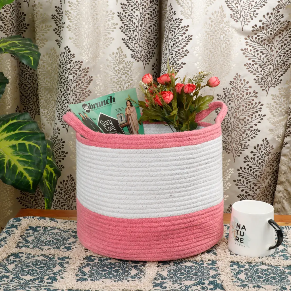 Cotton Dual Color small handle basket, 12x10, white, pink