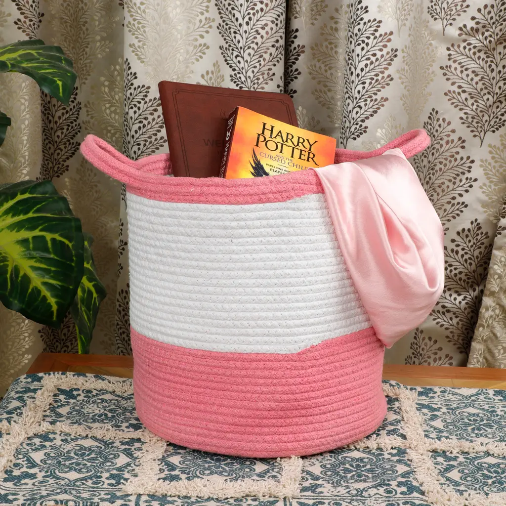 Cotton Dual Color small handle basket, 12x12, white, pink