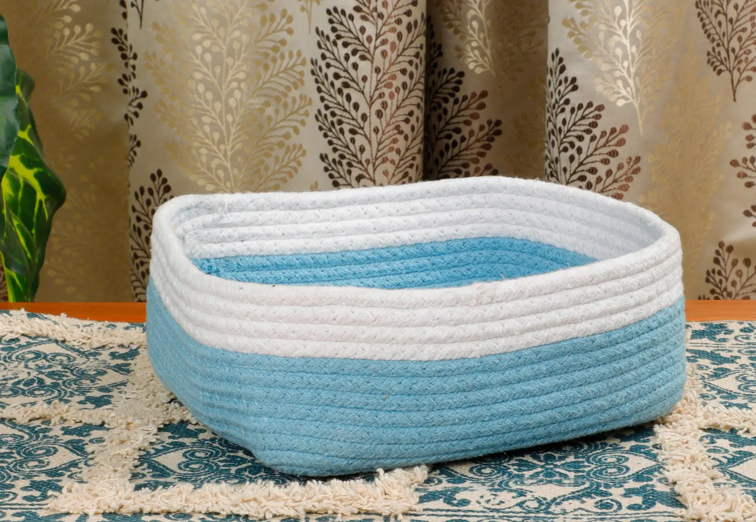 Cotton Shelf Basket Rectangular Dual Bright Color, 10x8.5x4, White, Sky Blue