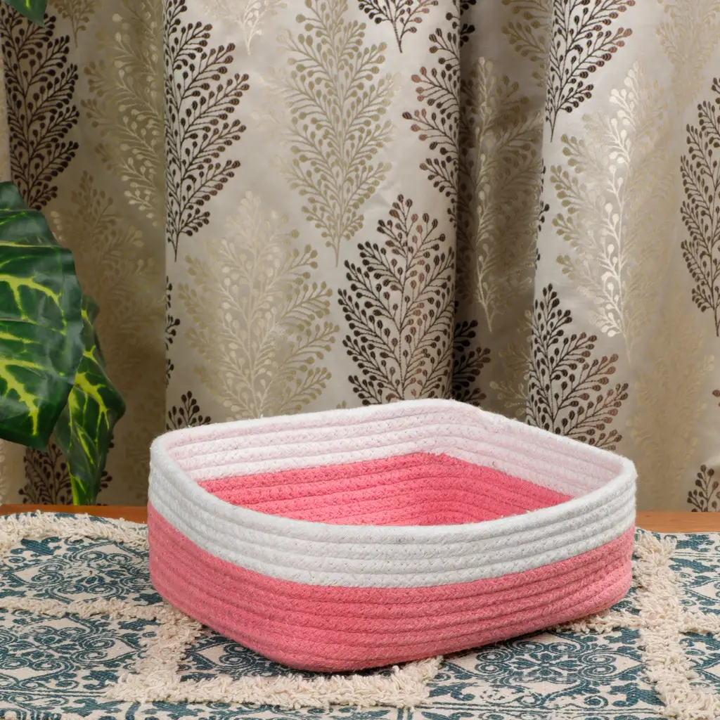 Cotton Shelf Basket Rectangular Dual Bright Color, 10x8.5x4, White, Pink