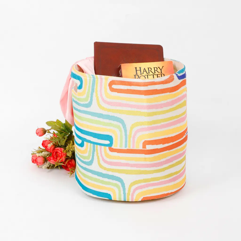 Colorful Printed Cotton Polyester Basket side handle, curve lines, 11x11, white, blue, light green